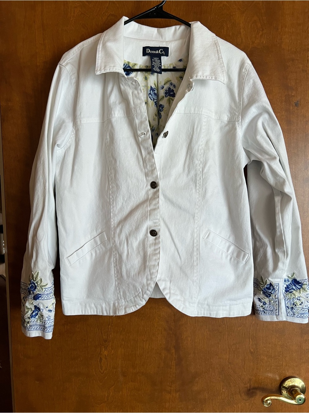 Denim&Co White Jean Jacket with Blue Floral Cuff Embroidery